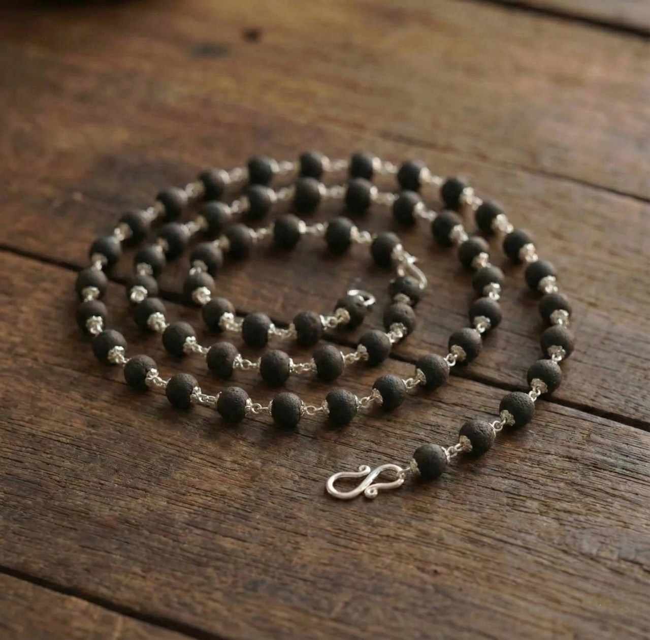 Krungali Rosary-Style Silver-Linked Black Beads Mala with Silver Caps