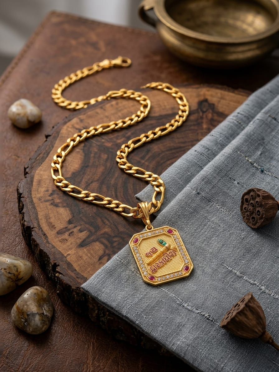 Premium Gold-Plated Jai Dwarkadhish Flute & Murli  Pendant With Curb Link Chain for Mens