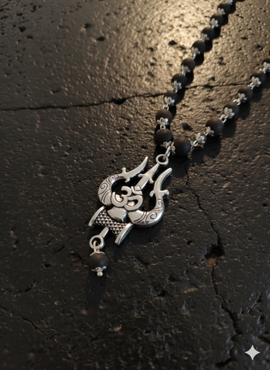 Men's Silver-Toned Sacred Trishula & Om Pendant With Karungali Mala