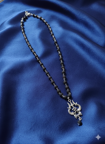 Men's Silver-Toned Sacred Trishula & Om Pendant With Karungali Mala