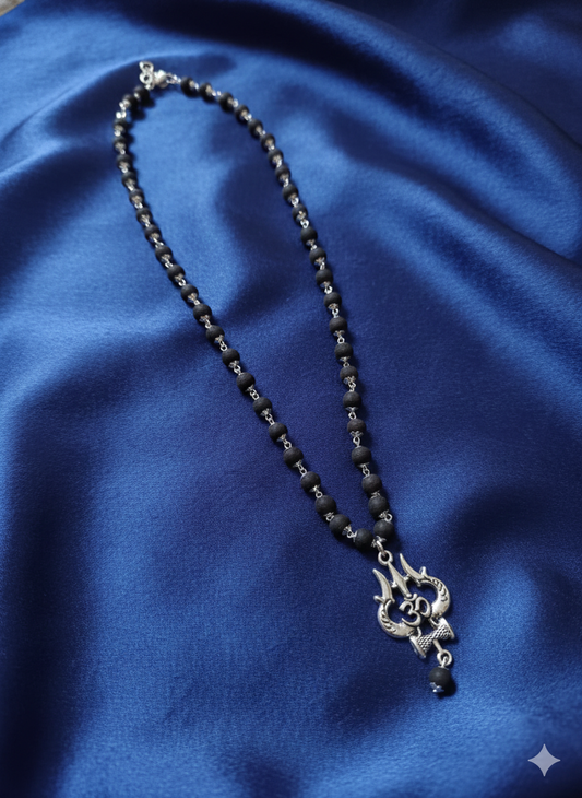 Men's Silver-Toned Sacred Trishula & Om Pendant With Karungali Mala