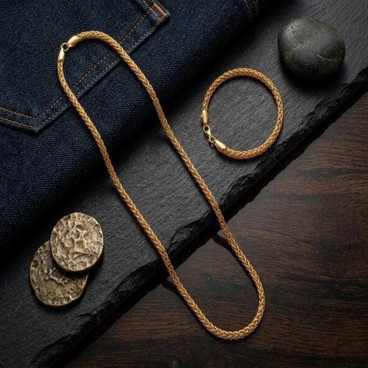 Men's Gold-Plated Wheat Chain & Bracelet Combo(Pack Of 2)