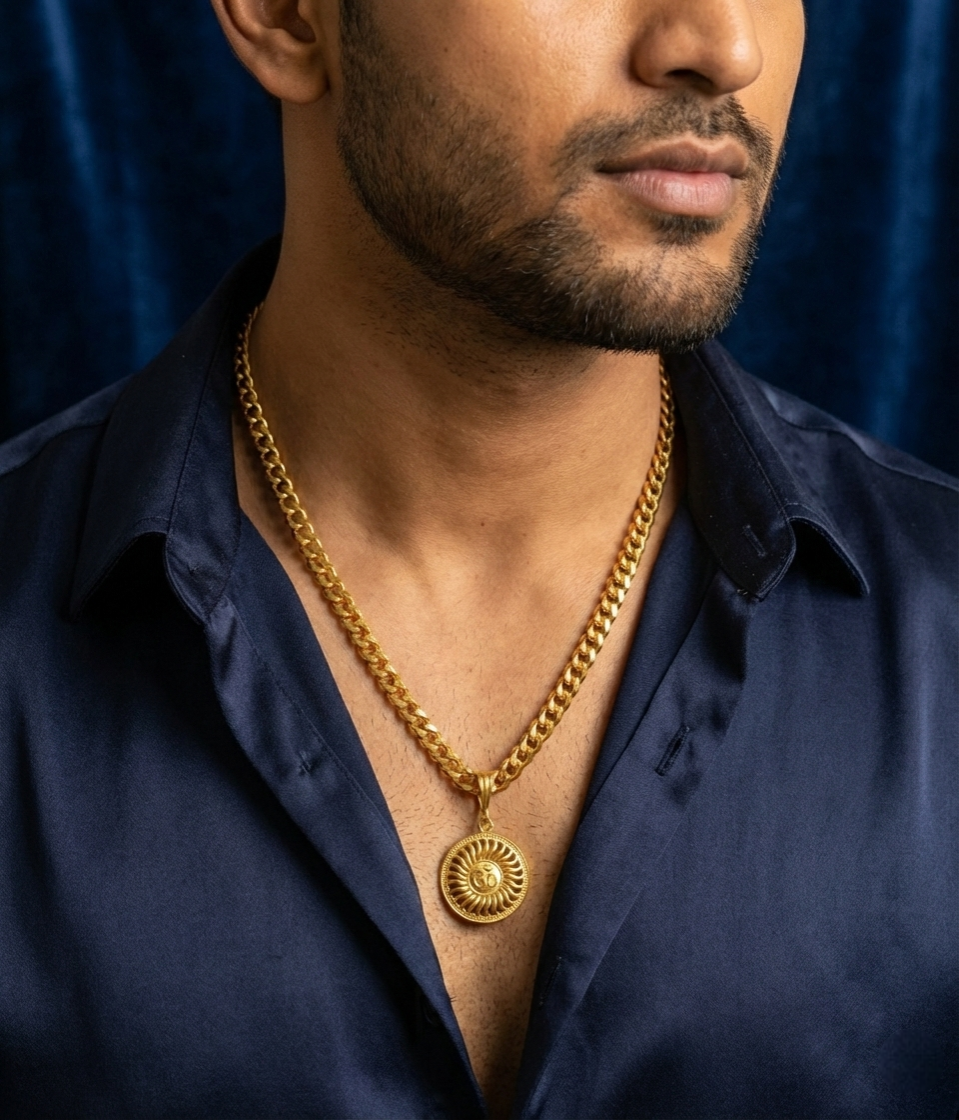 Men's Om Surya Medallion On Heavy Cuban Link Chain