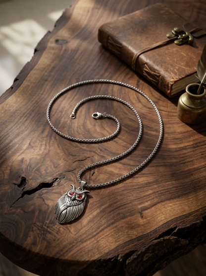 Men's Vintage Silver-Toned Owl Pendant with Red Stone Eyes and Box Chain