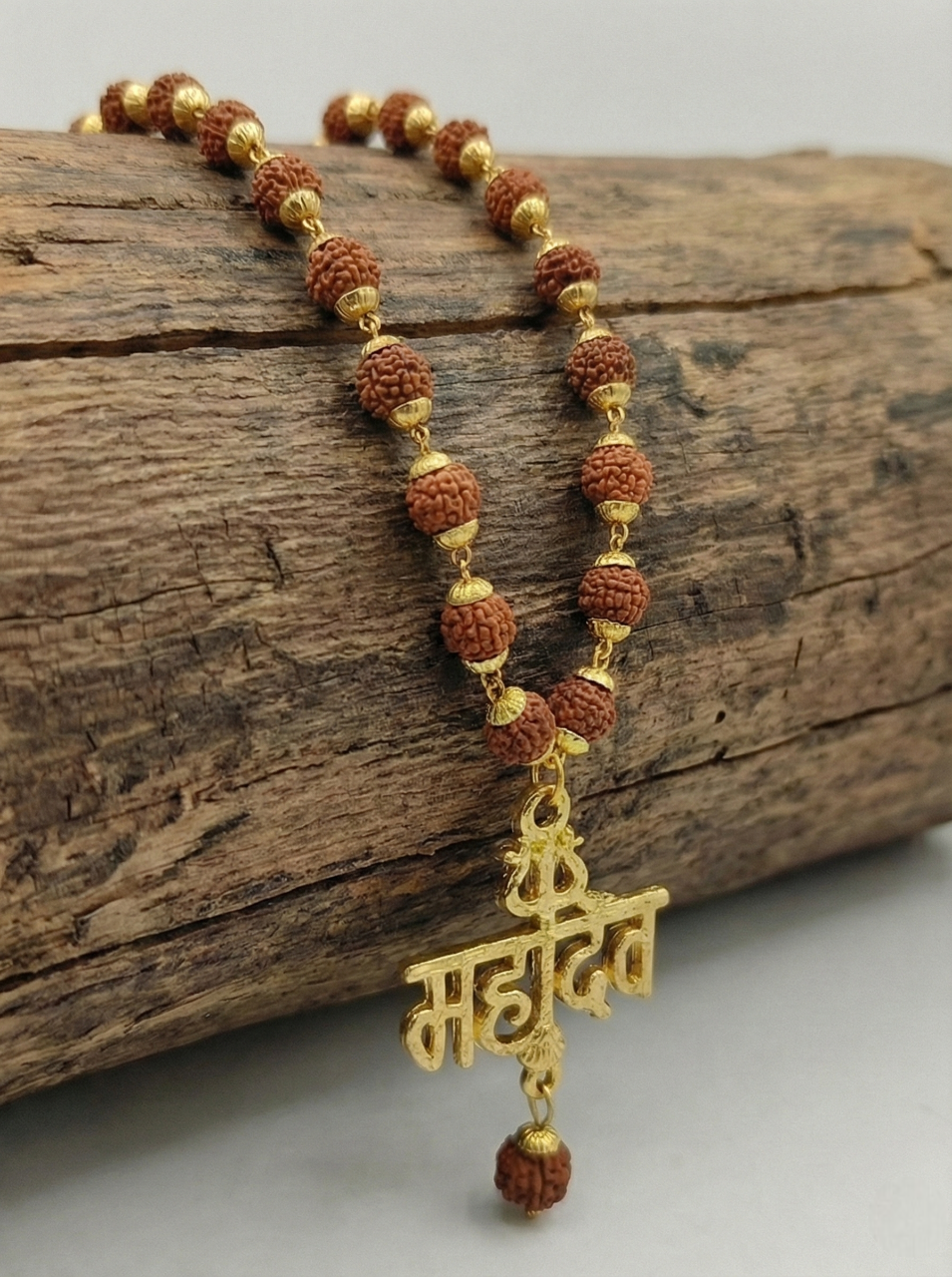 Gold Plated 'Mahadev' Hindi Text Pendant with Rudraksha Mala Chain – Religious Lord Shiva Locket for Men