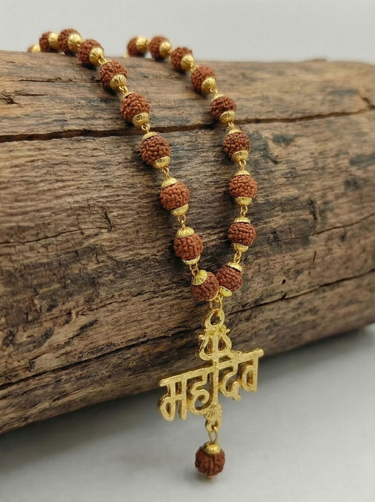 Gold Plated 'Mahadev' Hindi Text Pendant with Rudraksha Mala Chain – Religious Lord Shiva Locket for Men