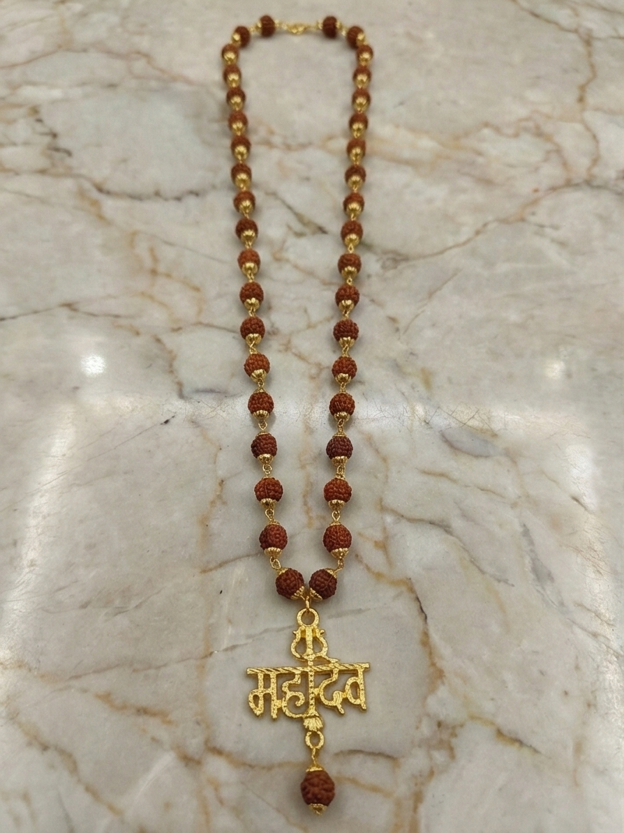 Gold Plated 'Mahadev' Hindi Text Pendant with Rudraksha Mala Chain – Religious Lord Shiva Locket for Men