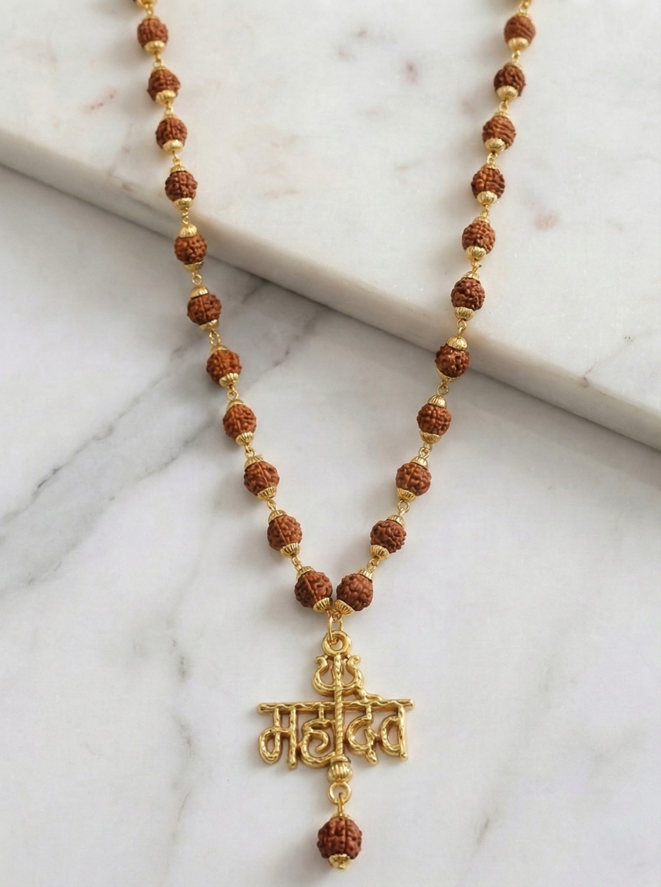 Gold Plated 'Mahadev' Hindi Text Pendant with Rudraksha Mala Chain – Religious Lord Shiva Locket for Men